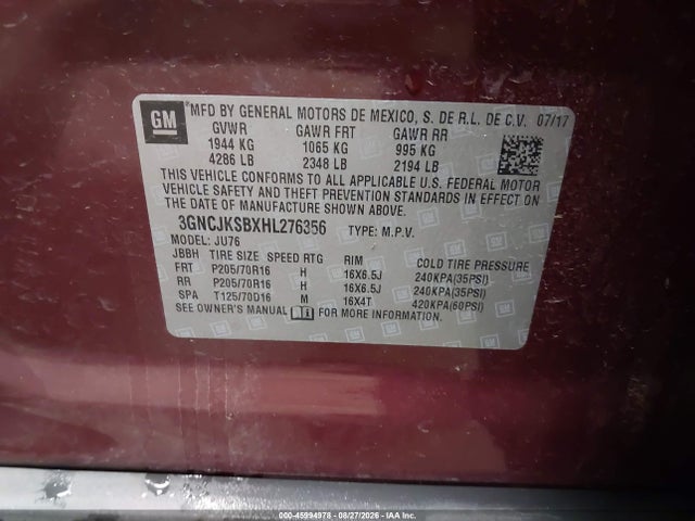 45994978 :رقم المزاد ، 3GNCJKSBXHL276356 vin ، 2017 Chevrolet Trax Ls مزاد بيع