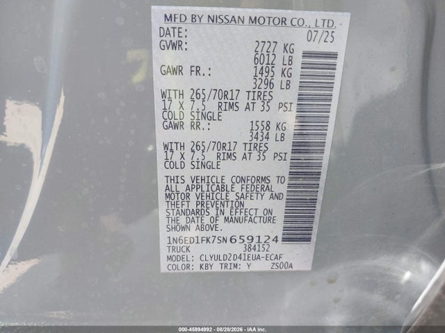 45994992 :رقم المزاد ، 1N6ED1FK7SN659124 vin ، 2025 Nissan Frontier Long Bed Pro-4x 4x4 مزاد بيع