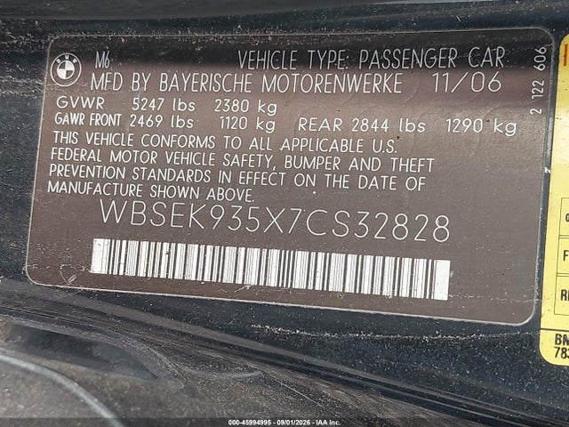 45994995 :رقم المزاد ، WBSEK935X7CS32828 vin ، 2007 Bmw M6 مزاد بيع