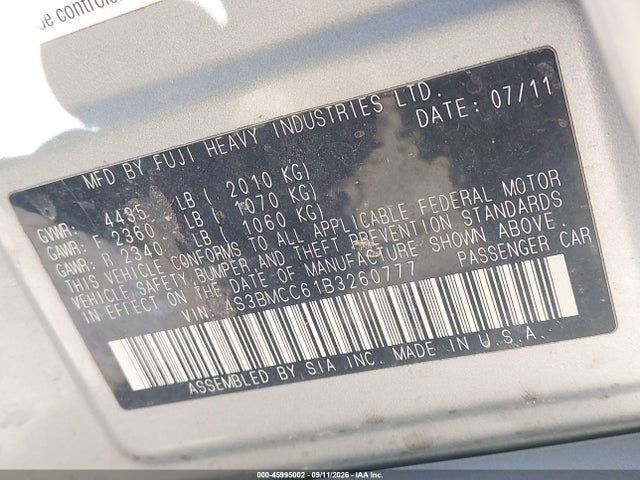 2011 Subaru Legacy 2.5i Premium მანქანა იყიდება აუქციონზე, vin: 4S3BMCC61B3260777, აუქციონის ნომერი: 45995002