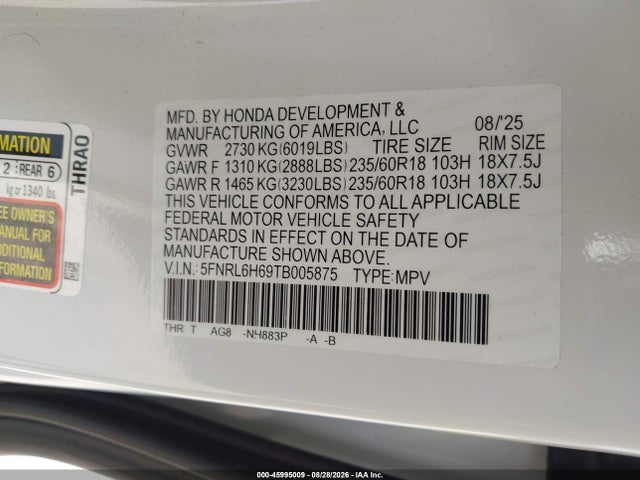 45995009 :رقم المزاد ، 5FNRL6H69TB005875 vin ، 2026 Honda Odyssey Ex-l مزاد بيع