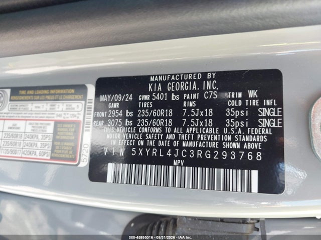 Aukcja sprzedaży 2024 Kia Sorento S, vin: 5XYRL4JC3RG293768, numer aukcji: 45995016