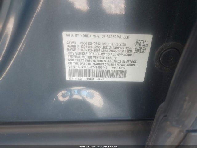 Aukcja sprzedaży 2017 Honda Pilot Elite, vin: 5FNYF6H07HB059746, numer aukcji: 45995030