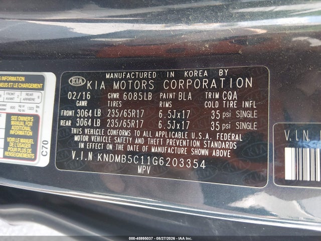 Продажа на аукционе авто 2016 Kia Sedona Lx, vin: KNDMB5C11G6203354, номер лота: 45995037