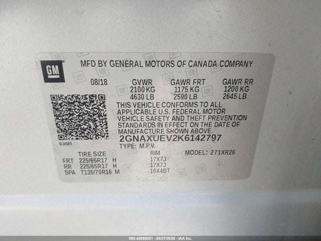 45995051 :رقم المزاد ، 2GNAXUEV2K6142797 vin ، 2019 Chevrolet Equinox Lt مزاد بيع