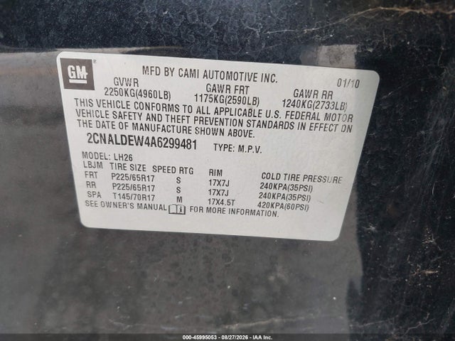 2010 Chevrolet Equinox Lt მანქანა იყიდება აუქციონზე, vin: 2CNALDEW4A6299481, აუქციონის ნომერი: 45995053