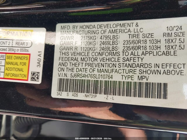 2025 Honda Cr-v Ex-l Awd მანქანა იყიდება აუქციონზე, vin: 5J6RS4H76SL010764, აუქციონის ნომერი: 45995059