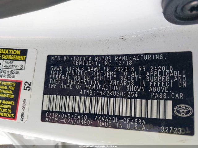 Aukcja sprzedaży 2019 Toyota Camry Se, vin: 4T1B11HK2KU203254, numer aukcji: 45995083