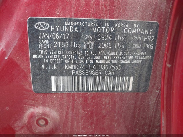 Aukcja sprzedaży 2017 Hyundai Elantra Se, vin: KMHD74LFXHU367556, numer aukcji: 45995084
