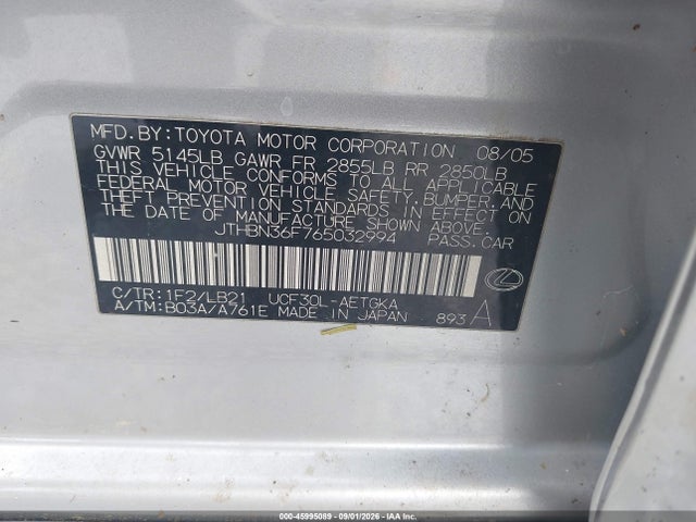 Aukcja sprzedaży 2006 Lexus Ls 430, vin: JTHBN36F765032994, numer aukcji: 45995089