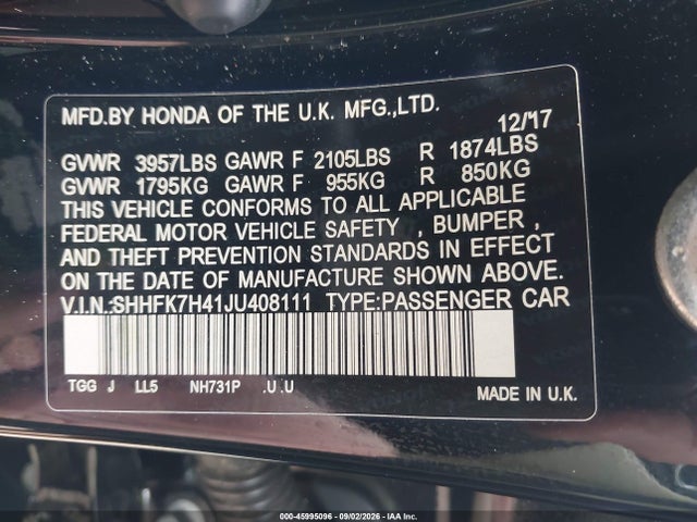 Продажа на аукционе авто 2018 Honda Civic Sport, vin: SHHFK7H41JU408111, номер лота: 45995096
