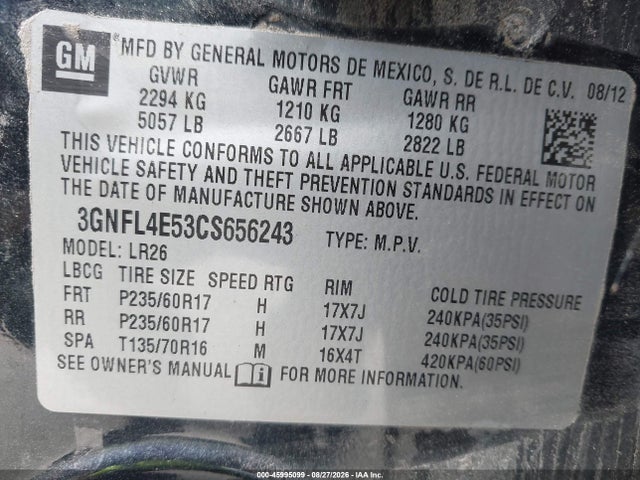 45995099 :رقم المزاد ، 3GNFL4E53CS656243 vin ، 2012 Chevrolet Captiva Sport Ltz مزاد بيع
