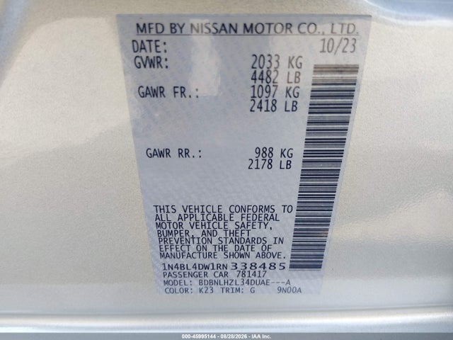 Aukcja sprzedaży 2024 Nissan Altima Sv Intelligent Awd, vin: 1N4BL4DW1RN338485, numer aukcji: 45995144