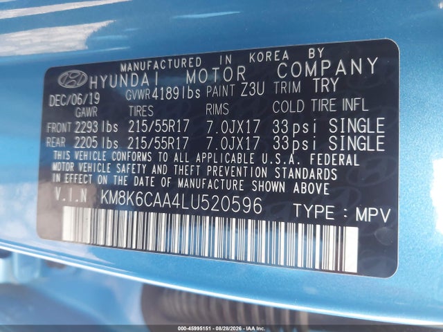 Aukcja sprzedaży 2020 Hyundai Kona Sel Plus, vin: KM8K6CAA4LU520596, numer aukcji: 45995151