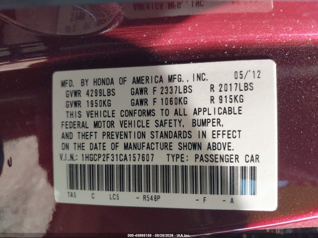 Aukcja sprzedaży 2012 Honda Accord 2.4 Lx, vin: 1HGCP2F31CA157607, numer aukcji: 45995158