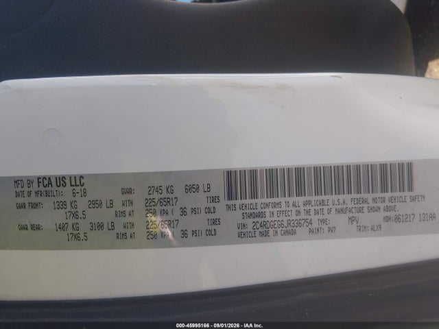 45995166 :رقم المزاد ، 2C4RDGEG6JR336754 vin ، 2018 Dodge Grand Caravan Gt مزاد بيع