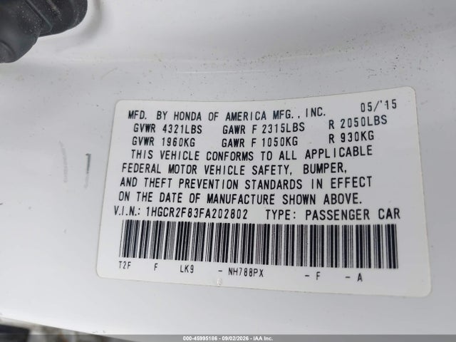 Продаж на аукціоні авто 2015 Honda Accord Ex-l, vin: 1HGCR2F83FA202802, номер лоту: 45995186