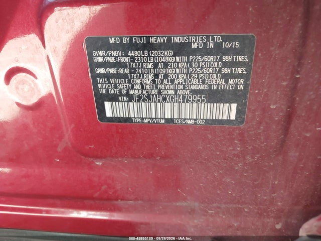 45995189 :رقم المزاد ، JF2SJAHCXGH479955 vin ، 2016 Subaru Forester 2.5i Limited مزاد بيع
