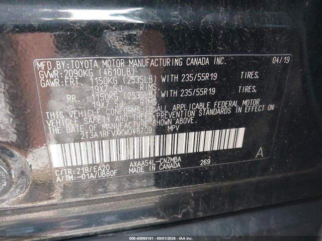 2019 Toyota Rav4 Xle Premium მანქანა იყიდება აუქციონზე, vin: 2T3A1RFVXKW048709, აუქციონის ნომერი: 45995191