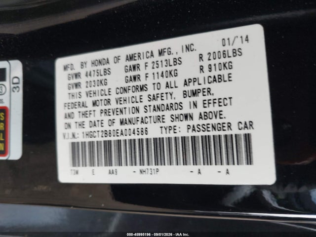 45995196 :رقم المزاد ، 1HGCT2B80EA004586 vin ، 2014 Honda Accord Ex-l V-6 مزاد بيع