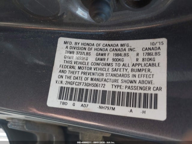 Aukcja sprzedaży 2016 Honda Civic Ex, vin: 2HGFC2F73GH506172, numer aukcji: 45995211