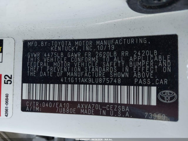 Продажа на аукционе авто 2020 Toyota Camry Se, vin: 4T1G11AK9LU875748, номер лота: 45995227