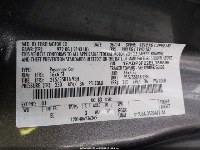 Продажа на аукционе авто 2014 Ford Focus Se, vin: 1FADP3F22EL356596, номер лота: 45995228