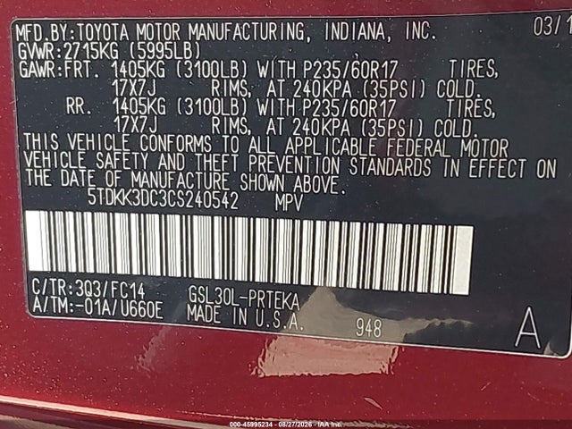 Продаж на аукціоні авто 2012 Toyota Sienna Le V6 8 Passenger, vin: 5TDKK3DC3CS240542, номер лоту: 45995234