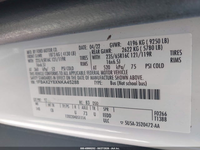 45995252 :رقم المزاد ، 1FBAX2Y8XNKA45288 vin ، 2022 Ford Transit-350 Passenger Van Xl مزاد بيع