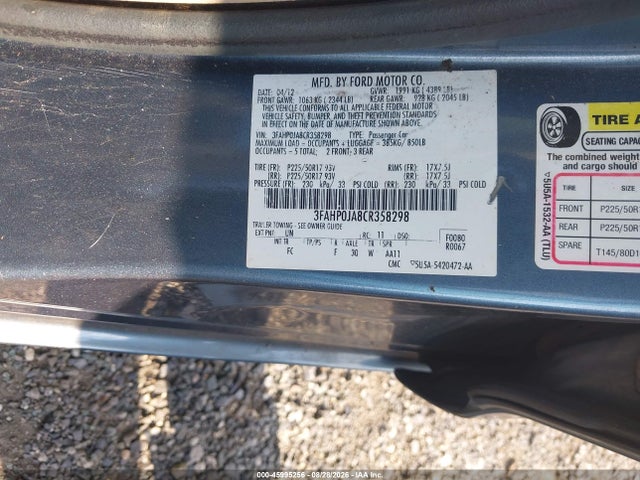 2012 Ford Fusion Sel მანქანა იყიდება აუქციონზე, vin: 3FAHP0JA8CR358298, აუქციონის ნომერი: 45995256