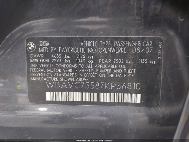 2007 Bmw 328xi მანქანა იყიდება აუქციონზე, vin: WBAVC73587KP36810, აუქციონის ნომერი: 45995259