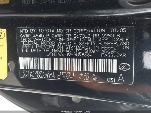 Продажа на аукционе авто 2005 Lexus Es 330, vin: JTHBA30G955098684, номер лота: 45995262