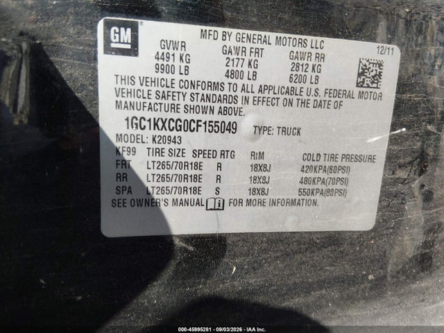 45995281 :رقم المزاد ، 1GC1KXCG0CF155049 vin ، 2012 Chevrolet Silverado 2500hd Lt مزاد بيع