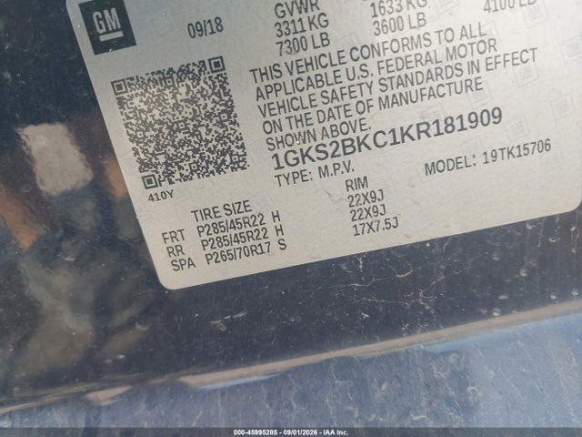 45995285 :رقم المزاد ، 1GKS2BKC1KR181909 vin ، 2019 Gmc Yukon Slt مزاد بيع
