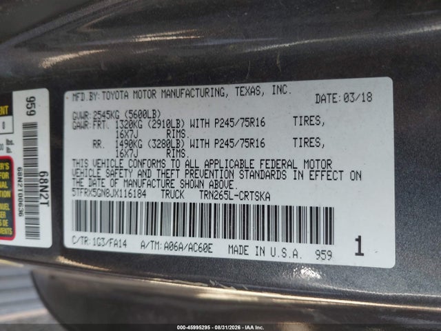 2018 Toyota Tacoma Sr მანქანა იყიდება აუქციონზე, vin: 5TFRX5GN8JX116184, აუქციონის ნომერი: 45995295