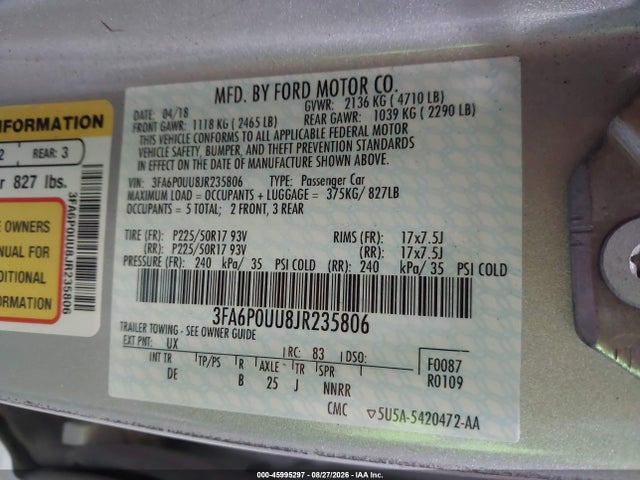 45995297 :رقم المزاد ، 3FA6P0UU8JR235806 vin ، 2018 Ford Fusion Hybrid S مزاد بيع