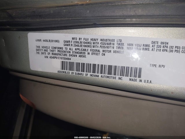Продаж на аукціоні авто 2005 Subaru Outback 2.5i, vin: 4S4BP61C157334984, номер лоту: 45995300