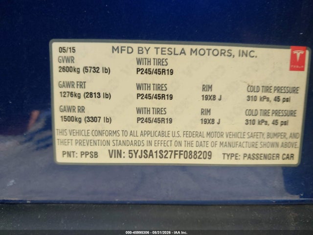 Продаж на аукціоні авто 2015 Tesla Model S 70d/85d/p85d, vin: 5YJSA1S27FF088209, номер лоту: 45995306