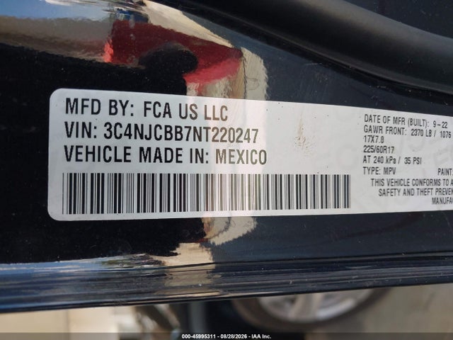 45995311 :رقم المزاد ، 3C4NJCBB7NT220247 vin ، 2022 Jeep Compass Latitude Fwd مزاد بيع