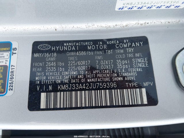 45995323 :رقم المزاد ، KM8J33A42JU759396 vin ، 2018 Hyundai Tucson Sel Plus مزاد بيع