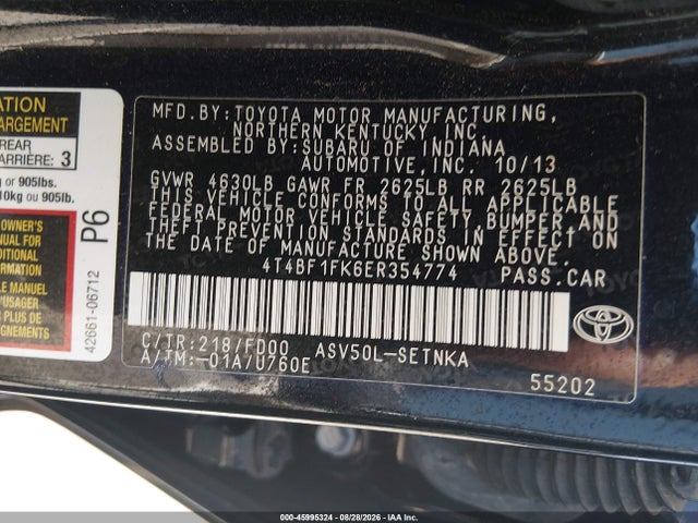 45995324 :رقم المزاد ، 4T4BF1FK6ER354774 vin ، 2014 Toyota Camry Le مزاد بيع