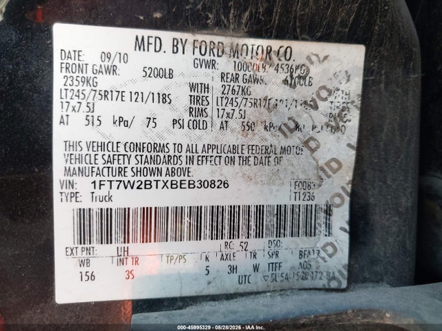 2011 Ford F-250 Xlt მანქანა იყიდება აუქციონზე, vin: 1FT7W2BTXBEB30826, აუქციონის ნომერი: 45995329