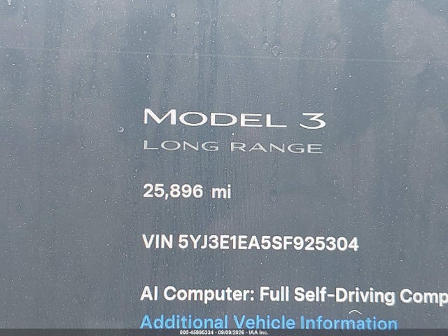 Продажа на аукционе авто 2025 Tesla Model 3 Long Range Rear-wheel Drive/standard Rear-wheel Drive, vin: 5YJ3E1EA5SF925304, номер лота: 45995334