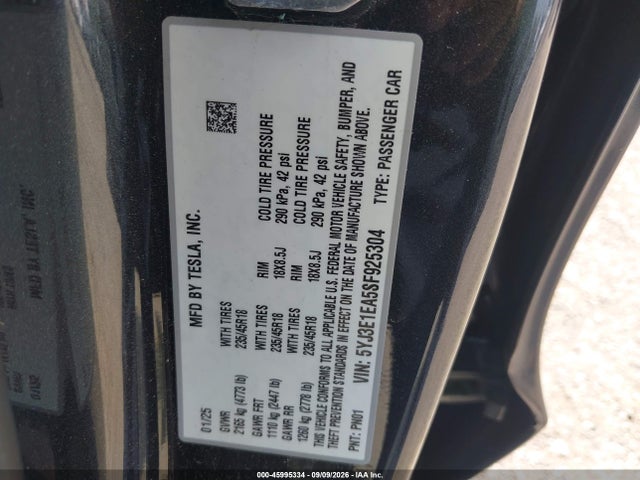 Продажа на аукционе авто 2025 Tesla Model 3 Long Range Rear-wheel Drive/standard Rear-wheel Drive, vin: 5YJ3E1EA5SF925304, номер лота: 45995334