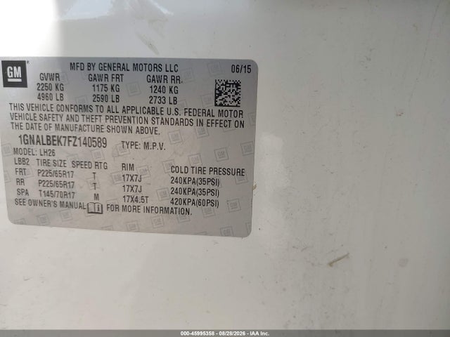 Chevrolet EQUINOX 1LT 2015 1GNALBEK7FZ140589 Image 9