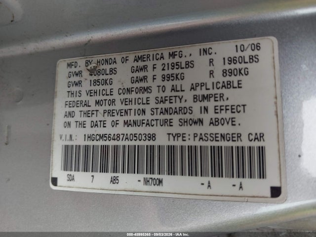 45995365 :رقم المزاد ، 1HGCM56487A050398 vin ، 2007 Honda Accord 2.4 Lx مزاد بيع