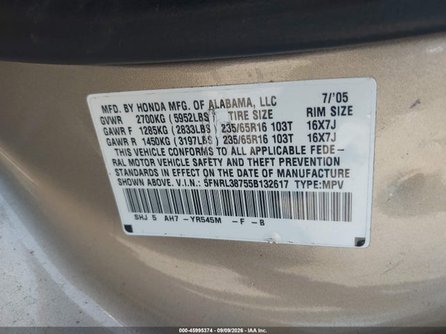 Aukcja sprzedaży 2005 Honda Odyssey Ex-l, vin: 5FNRL38755B132617, numer aukcji: 45995374