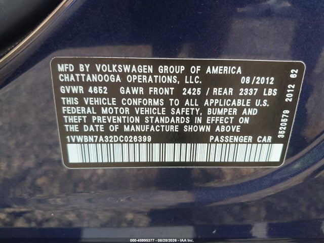 45995377 :رقم المزاد ، 1VWBN7A32DC026399 vin ، 2013 Volkswagen Passat 2.0l Tdi Se مزاد بيع