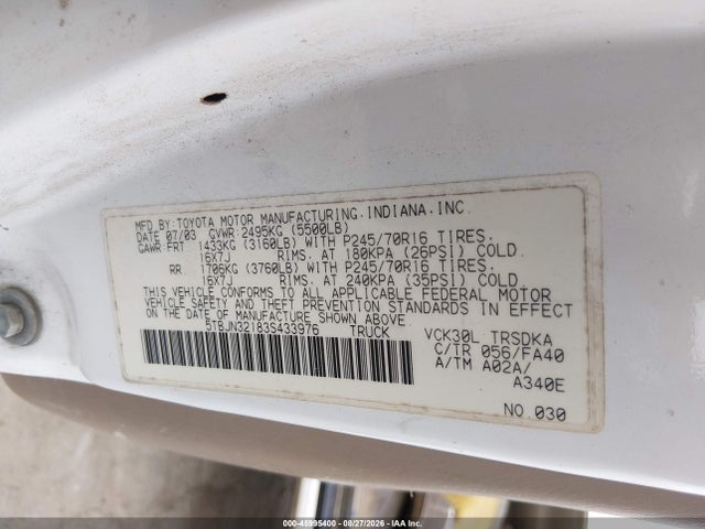 2003 Toyota Tundra მანქანა იყიდება აუქციონზე, vin: 5TBJN32183S433976, აუქციონის ნომერი: 45995400