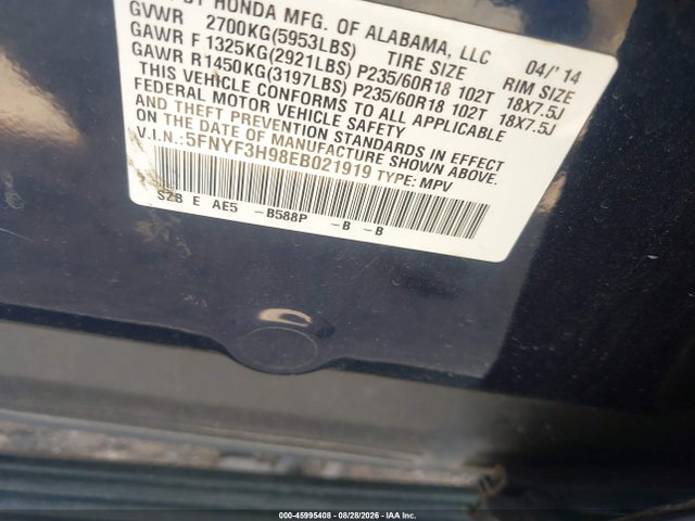 45995408 :رقم المزاد ، 5FNYF3H98EB021919 vin ، 2014 Honda Pilot Touring مزاد بيع